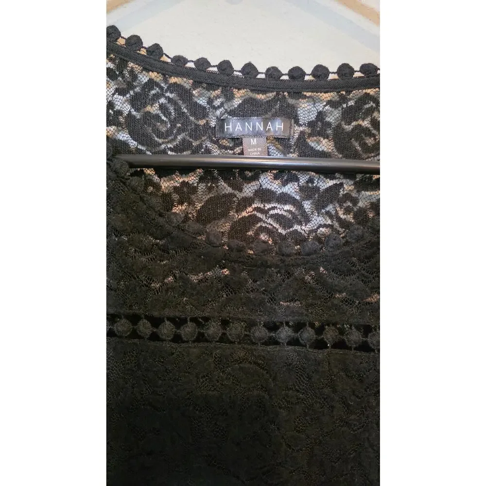 HANNAH Black Floral Lace Top M - Layered Sheer Boho Romantic Rose Blouse - Picture 4 of 5